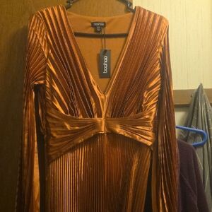 Boohoo Satin Copper Pleat Midi Dress with Knot Waist